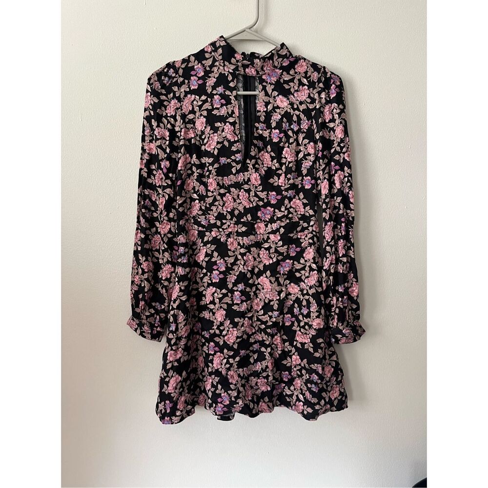 Charlie's Small High Neck Pink and Black Floral Rose Dark Academia Dress Long Sl